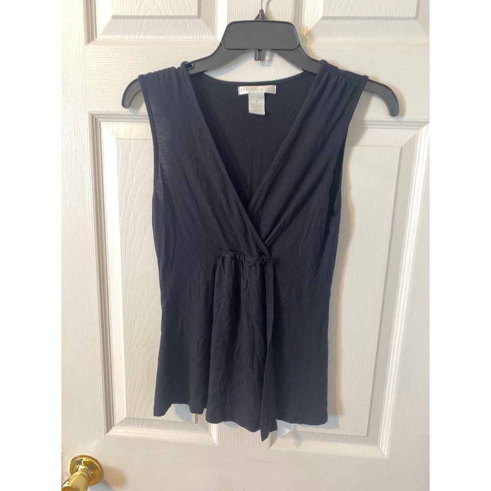 Design History Black V-Neck Wrap Front Empire Waist Sleeveless Blouse Top Medium - Picture 1 of 3